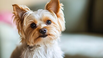 A Yorktese dog sitting gracefully on a , showcasing its silky coat and expressive eyes