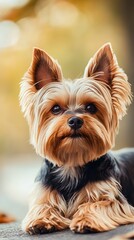 A Yorktese dog lying down in a relaxed pose, surrounded by athat emphasizes its adorable characteristics