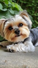 A Yorktese dog lying down in a relaxed pose, surrounded by athat emphasizes its adorable characteristics