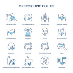 Microscopic Colitis symptoms, diagnostic and treatment vector icon set. Medical icons.	