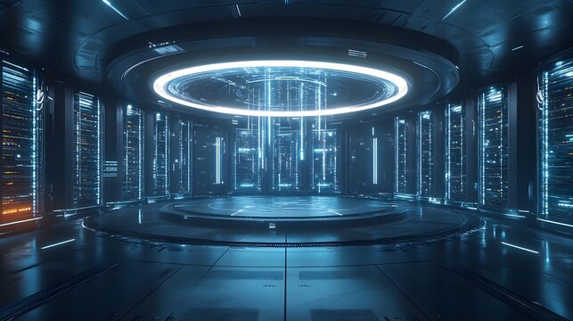 A futuristic server farm in a circular room, where each server is suspended in mid-air, connected by beams of holographic light, data streams flowing visibly between them.