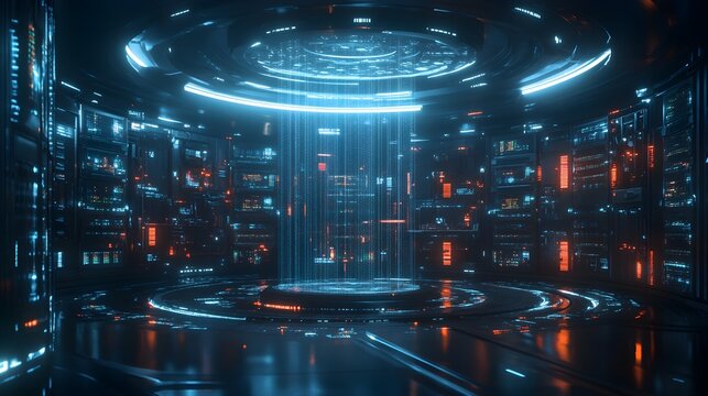 A futuristic server farm in a circular room, where each server is suspended in mid-air, connected by beams of holographic light, data streams flowing visibly between them.