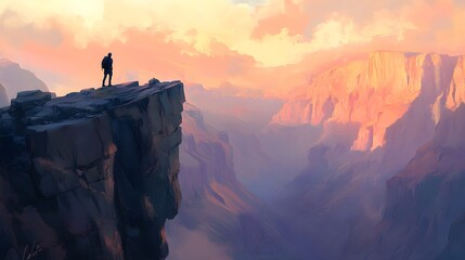 Fototapeta premium A hiker standing on a rocky cliff overlooking a vast valley, with a sunrise illuminating the landscape in soft pastel colors