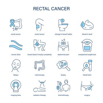 Rectal Cancer symptoms, diagnostic and treatment vector icon set. Medical icons.	
