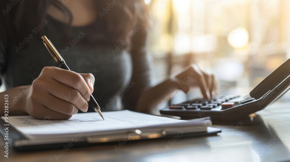 Aufkleber businesswoman calculating analyzing numbers for financial data charts and graphs