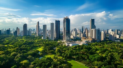 Obraz premium A stunning aerial view of a modern cityscape featuring sleek skyscrapers and green parks, with a clear blue sky in the background