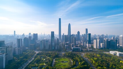 Fototapeta premium A stunning aerial view of a modern cityscape featuring sleek skyscrapers and green parks, with a clear blue sky in the background