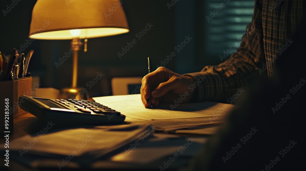 Poster accountant working late at night using calculator and taking notes