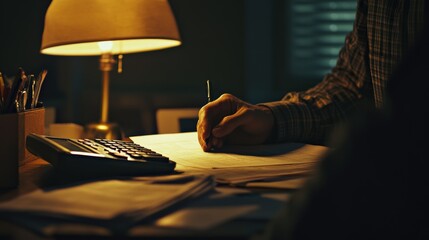 Accountant working late at night using calculator and taking notes