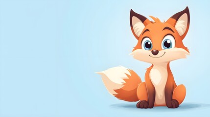 A playful cartoon fox with big expressive eyes and a fluffy tail, sitting on a light blue background, with ample copy space for text or branding