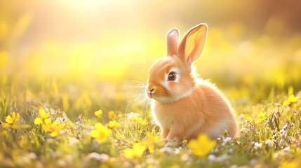 Fototapeta premium A fluffy baby rabbit sitting in a field of wildflowers, with soft sunlight illuminating its fur, creating a warm and inviting scene