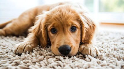 A playful puppy lying on a soft rug with a , highlighting its fur texture and expressions