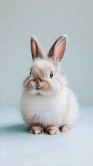 Obraz premium A fluffy rabbit sitting calmly on a light surface, showcasing its soft fur against a light solid color backdrop