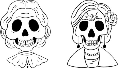 Old woman skeleton portrait hand drawn vector illustration. Grandmother skull sketch. Funny Halloween and Dead day character.