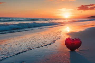 Fototapeta premium Romantic Sunset on the Beach with a Red Heart
