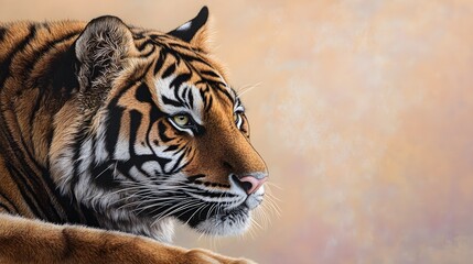 A close-up of a single tiger resting peacefully, with sharp focus on its vivid fur patterns against a soft pastel backdrop