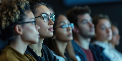 Fototapeta premium A close-up of a group of scientists at a lecture, listening intently to a presenter