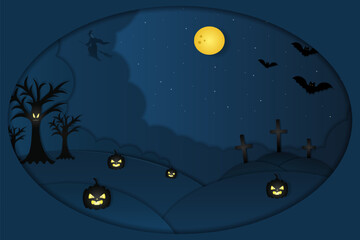 Obraz premium Halloween. Mystical landscape. Oval window. Cutout style. Witch on a broomstick flies in the sky. Full moon. Ominous trees and pumpkins with glowing eyes. Bats fly. Vector illustration.