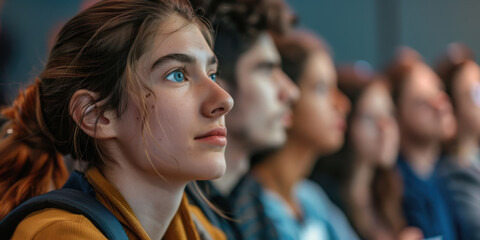 A close-up of a group of scientists at a lecture, listening intently to a presenter