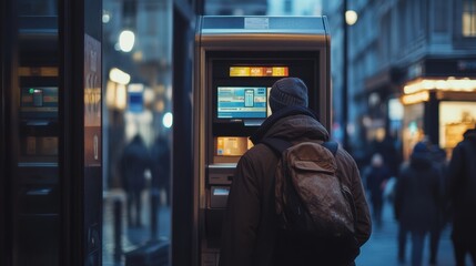 Man withdrawing money from atm in city at night