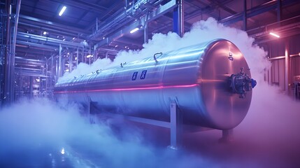 A stainless steel tank used for storing liquid nitrogen, with mist forming around it