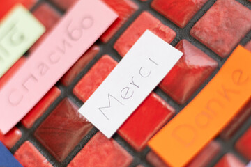 International words of gratitude with the focus on “Merci” (thank you in French) among several colorful papers on a red mosaic.