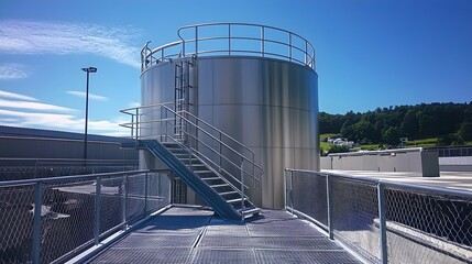 Obraz premium A stainless steel tank with a ladder to a viewing platform, depicted in a photorealistic style, surrounded by lush vegetation, contrasting industrial elements with nature, early morning light