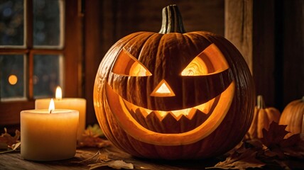 High-resolution, close-up photograph of a carved Halloween pumpkin, also known as a jack-o'-lantern. with a menacing, toothy grin and triangular eyes. 
Halloween Wallpaper 