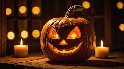 High-resolution, close-up photograph of a carved Halloween pumpkin, also known as a jack-o'-lantern.  Halloween Wallpaper 4k
