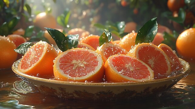 Grapefruits floating large punch bowl garden party guests mingling in the background and a live jazz band playing softly capturing a scene of elegance and enjoyment Scientific name Citrus paradisi