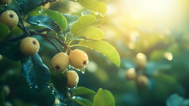 Guava trees growing wild a dense jungle with sunlight filtering through the canopy showing the untouched natural beauty of the fruit in its native environment Scientific name Psidium guajava