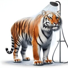 Obraz premium A standing tiger is enjoying a refreshing shower, with water flowing down its fur in a white bathroom. 