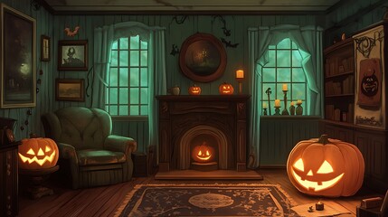 Obraz premium Spooky Halloween Room Decor with Fireplace and Jack O' Lanterns