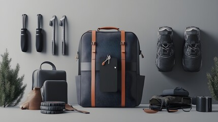 A personalized travel bag with a custom name tag attached, displayed as part of an adventure gift set, with sleek design and outdoor-themed accessories arranged around it in a 3D illustration 