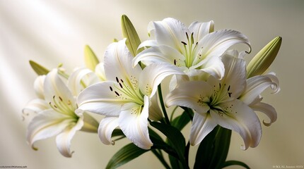 Fototapeta premium Elegant white lilies with soft lighting creating a serene ambience