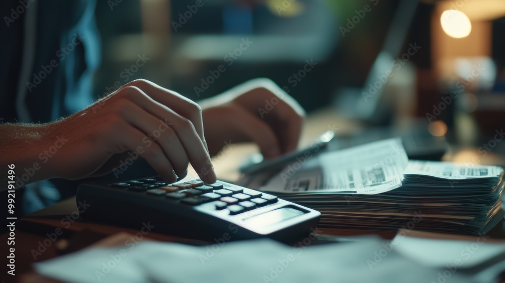 Poster accountant working late calculating finances using calculator and bills