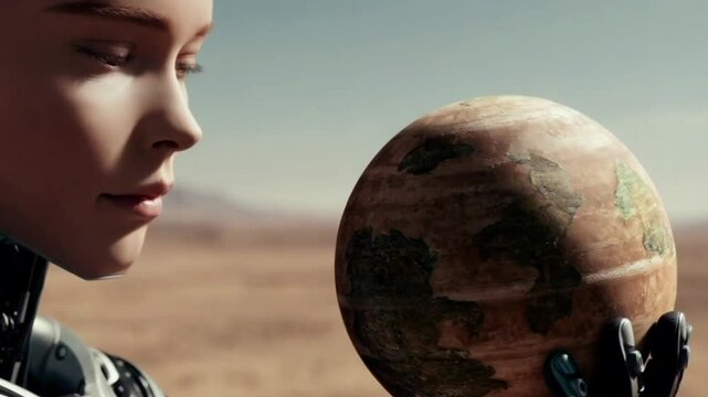 planet cradled in the hand of a robot, under a curious gaze