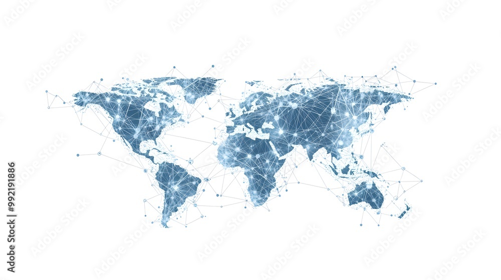 Poster a blue world map with connected network lines and nodes