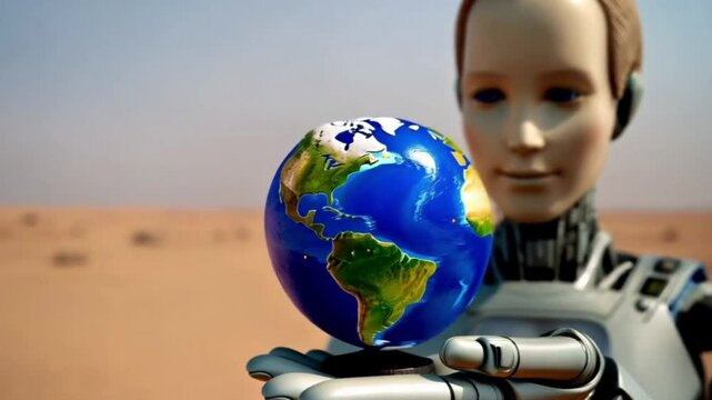 robot and earth, futuristic android analyzing a planet it holds in one hand