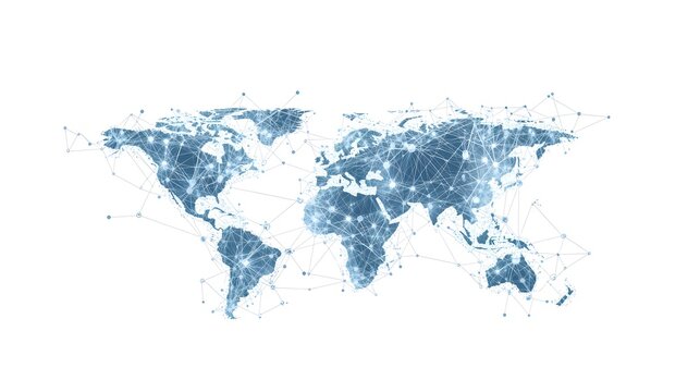Fototapeta A Blue World Map with Connected Network Lines and Nodes