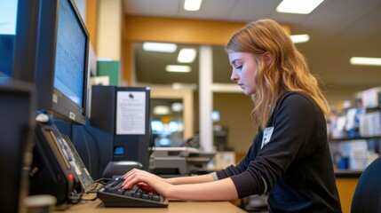 Young woman working on a computer at the library