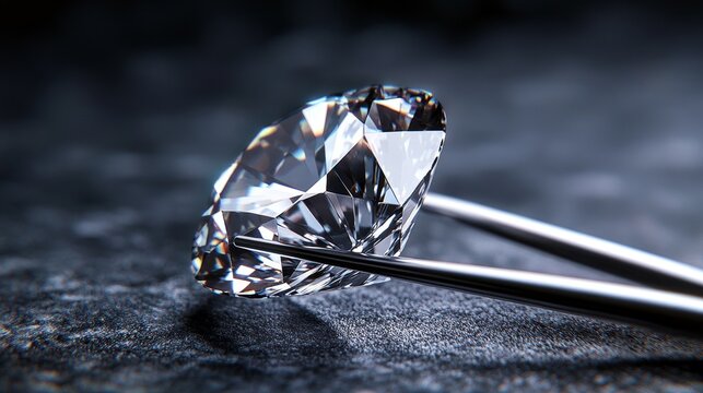 A shining diamond in tweezers over a smooth grey textured table, sharp macro details, elegant lighting, photorealistic, soft shadows, minimalistic background