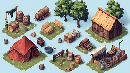Isometric 2D Game Asset Pack,  Rural Village and Campsite Objects