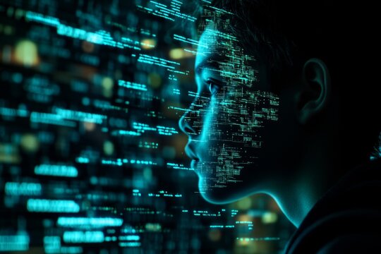 Young student analyzing code projected on his face in the dark