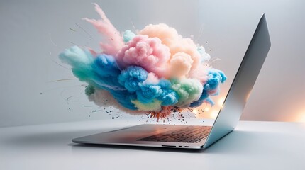 Vibrant colorful explosion emerging from a laptop screen