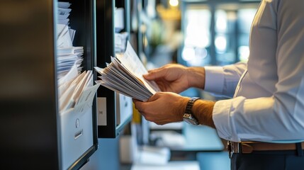 Businessman searching for document in mailroom pigeonholes
