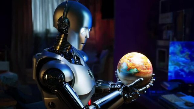exploring new worlds: android holding a planet in hand