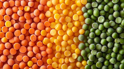 Fototapeta premium A vibrant, frosted medley of peas, carrots, corn, and beans, spread evenly across a textured background, icy details highlighted