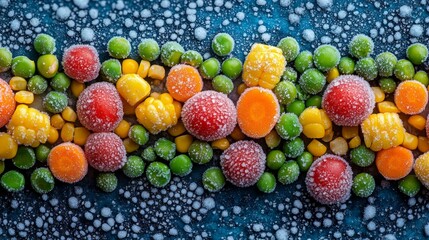 A vibrant, frosted medley of peas, carrots, corn, and beans, spread evenly across a textured background, icy details highlighted