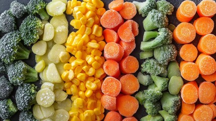 A vibrant mix of frozen vegetables arranged flat on a bright background, including broccoli, carrots, and corn, frost crystals visible on each piece